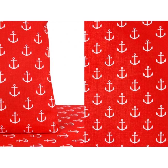 Bawełna w białe kotwice czerwona, marynarski wzór